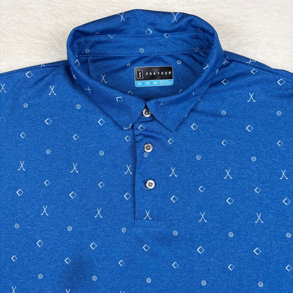 PGA Tour Mens XL Golf Polo Shirt Blue Crossed Clubs Geometric Performance